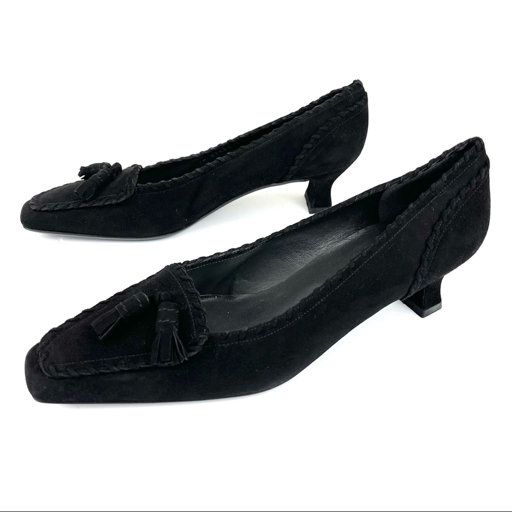 Stuart Weitzman Suede Tassel Low Kitten Heel